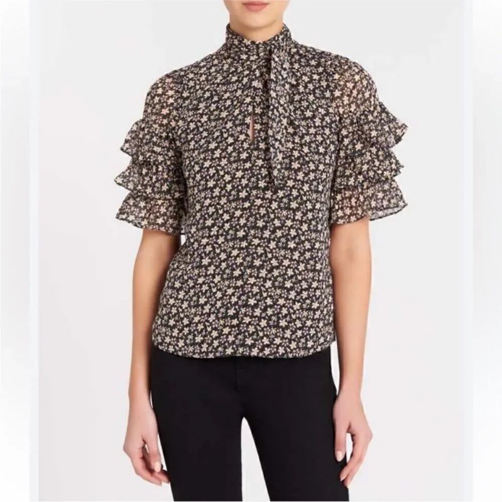 Rebecca Taylor Black and Cream Floral Blouse, US0